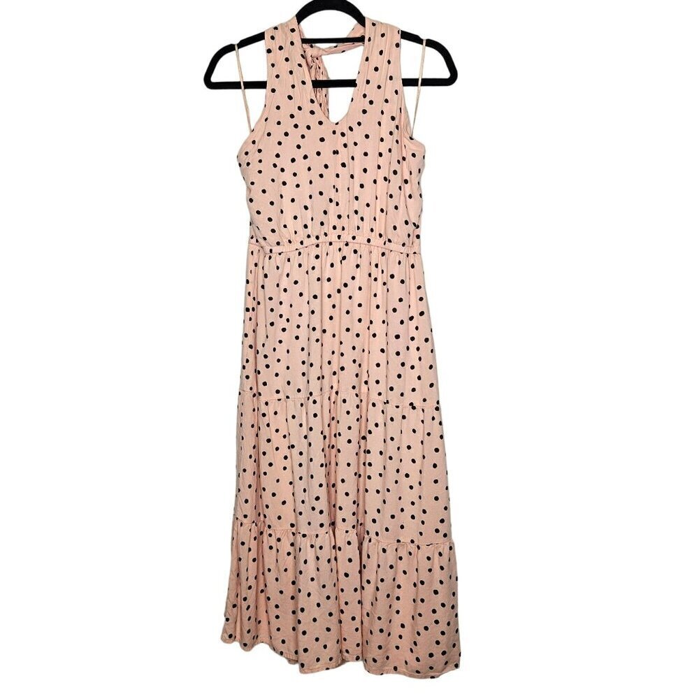 Maurices Polka Dot Halter Dress  Sleeveless Peach Black Dots smocking Women's M‎